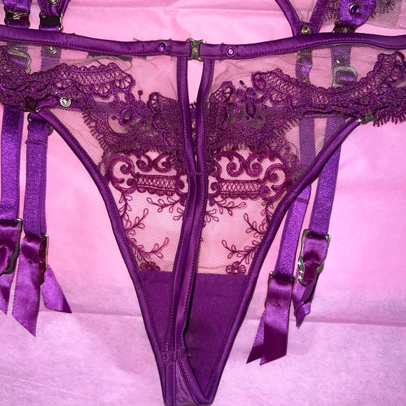 RARE - Honey Birdette Purple Lace Lingerie Set Bra Garter AND Panties - Picture 3 of 12